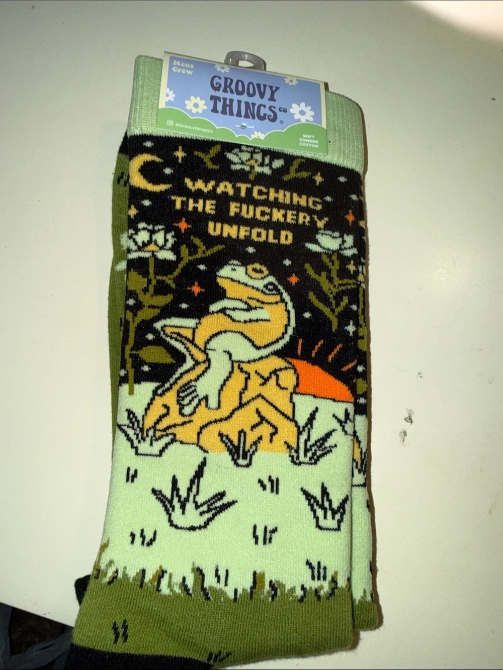 Novelty Frog Crew Socks in Mint Green and Olive - Graphic Hosiery